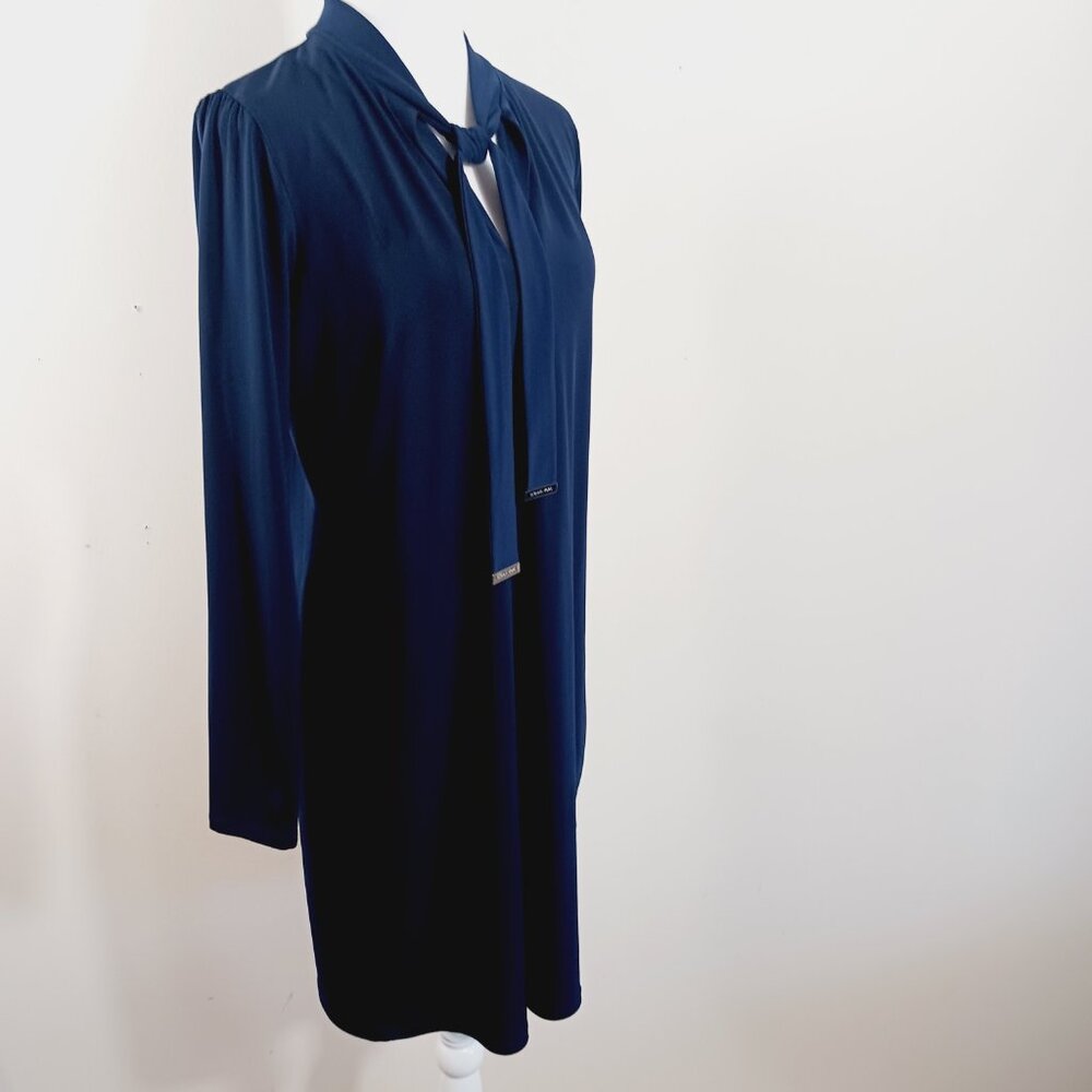 Michael Kors Lightweight Long Sleeve Navy Dress W/ Decorative Tie Neck, SZ Med. - Picture 10 of 16